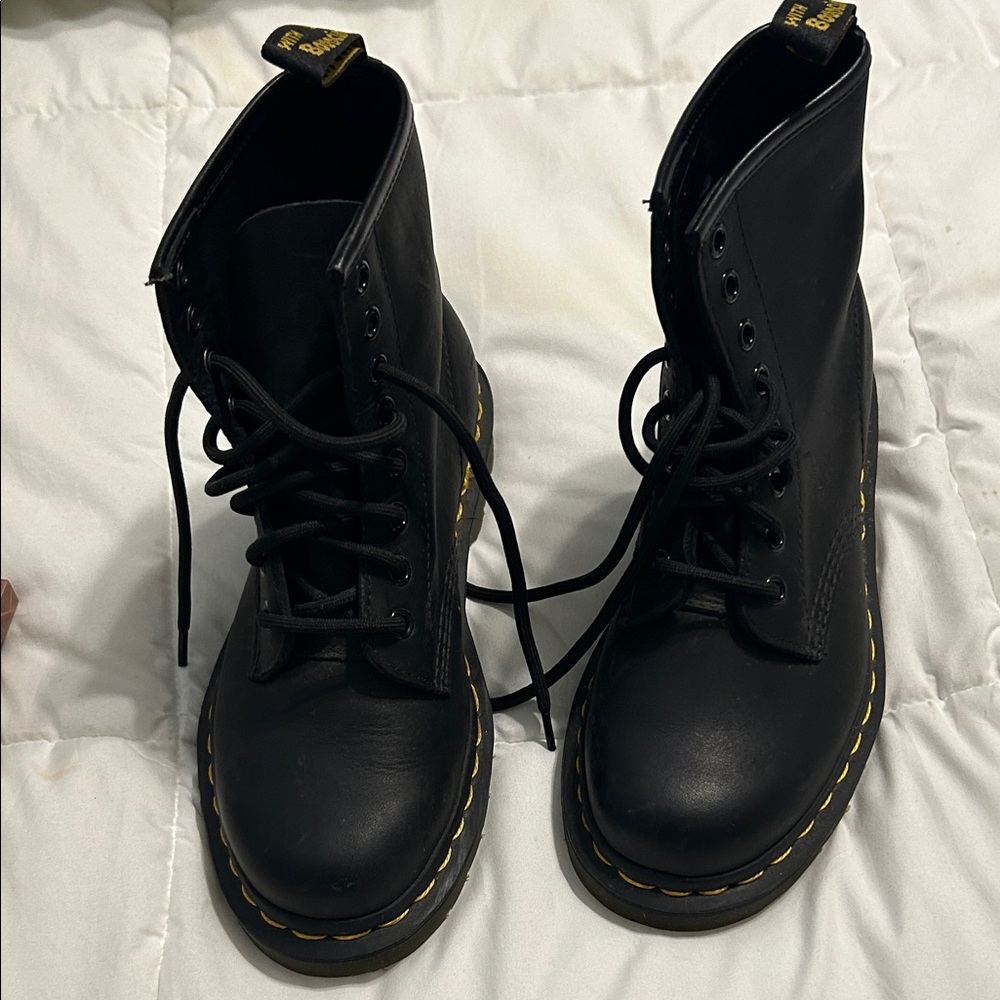 Dr. Martens Black Combat Boots with Yellow Stitching